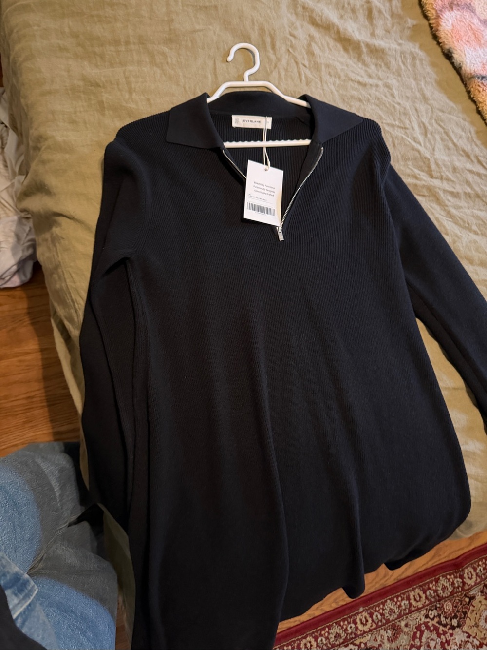 Ribbed Half-Zip Polo Sweater Dress- Black